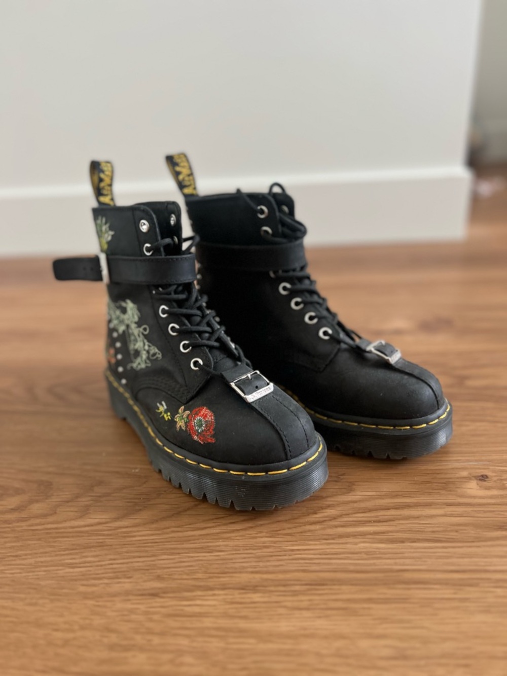 SOLD - cross listed
Dr. Martens Black Floral Embroidered Lug Boots - Picture 2 of 5